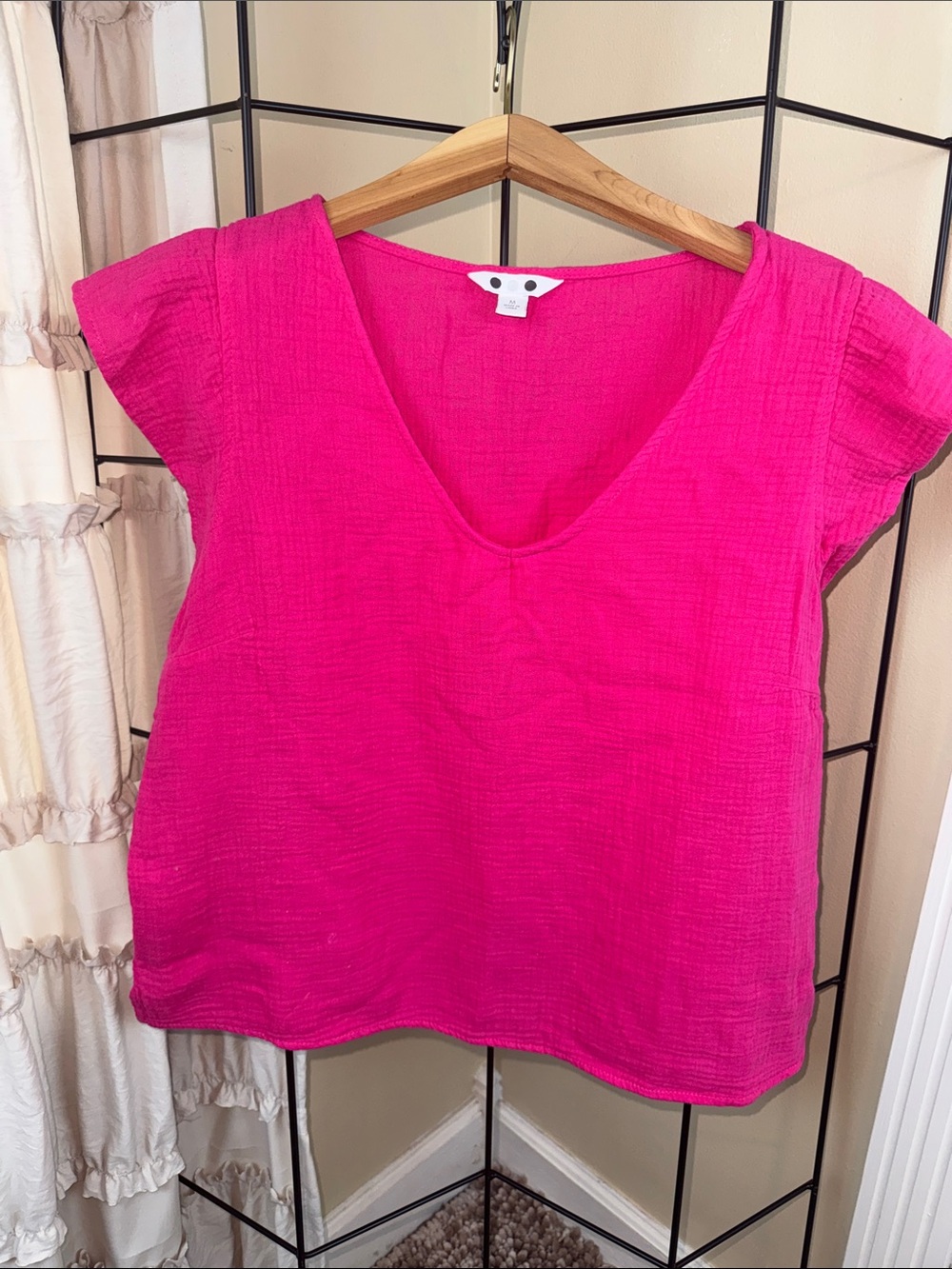 Three Dots Double Gauze Top Women Dark Pink V-neck Cotton Cap Sleeve Size M